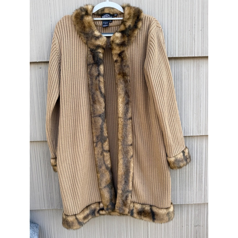 ziani couture sweater coat large tan ribbed knit faux fur trim cardigan